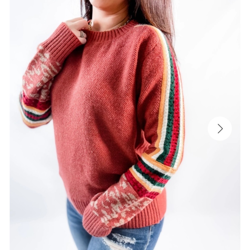 BiBi Knit Texture Contrast Crochet Stripe Brick Sweater Leopard Cuff S